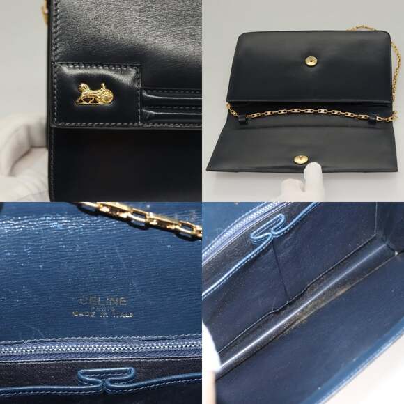 CELINE Chain Hand Bag Leather Navy Gold - Picture 11 of 12